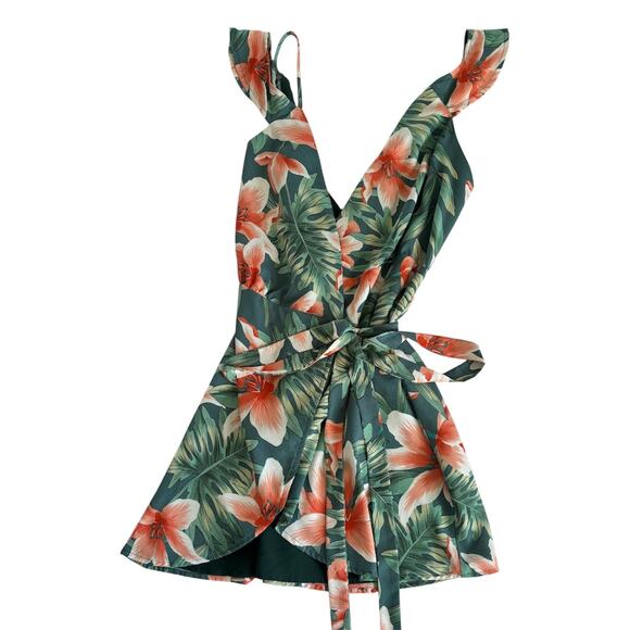 Superdown Tropical Wrap Mini Dress Tie Front Green Floral Women’s Size Small - Picture 1 of 8